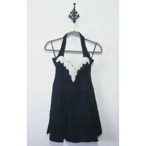 VTG 80's ILGWU Halter Dress Size S Black Taffeta Pearl Detailing Rockabilly EUC